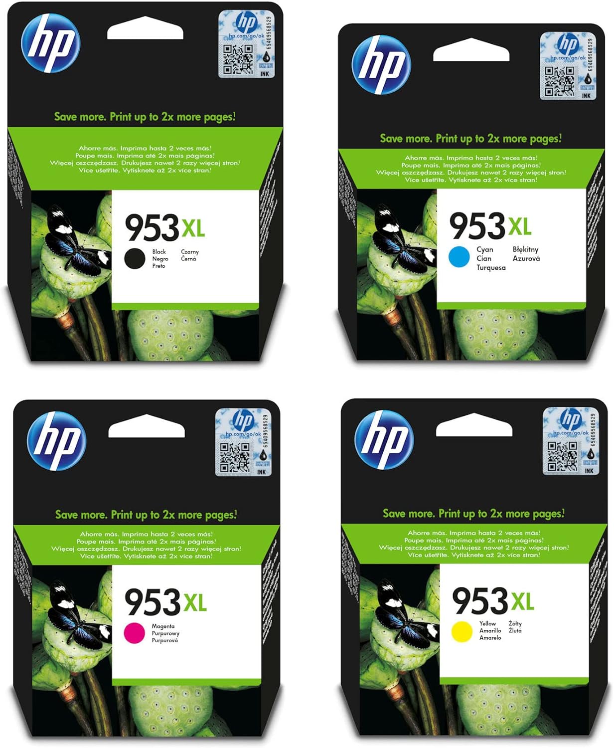 LOT de 4 Cartouche Jet d'encre de Marque HP6ZC69AE N°953 Couleurs (1 Noir + 1 Cyan + 1 Magenta + 1 Jaune) (1 000 pages + 3 x 700 pages)