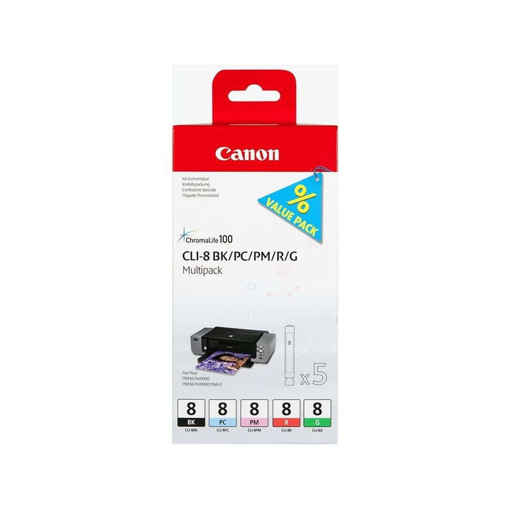 Cartouches d'origines Canon 0620B027 / CLI-8 - multipack 5 couleurs : noire, cyan photo, magenta photo, rouge, verte