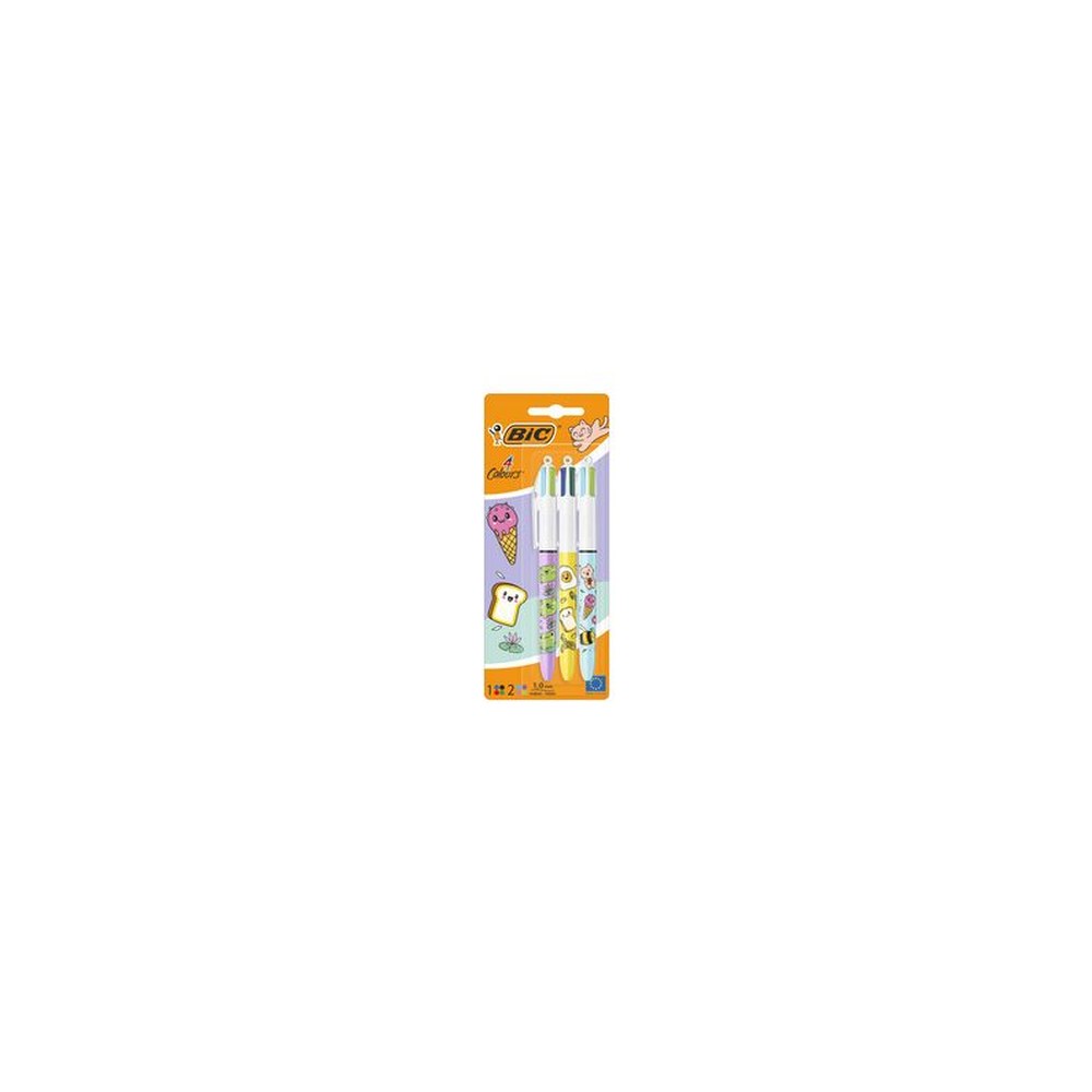BIC Stylo à bille rétractable 4 Colours Kawaii, blister de 3