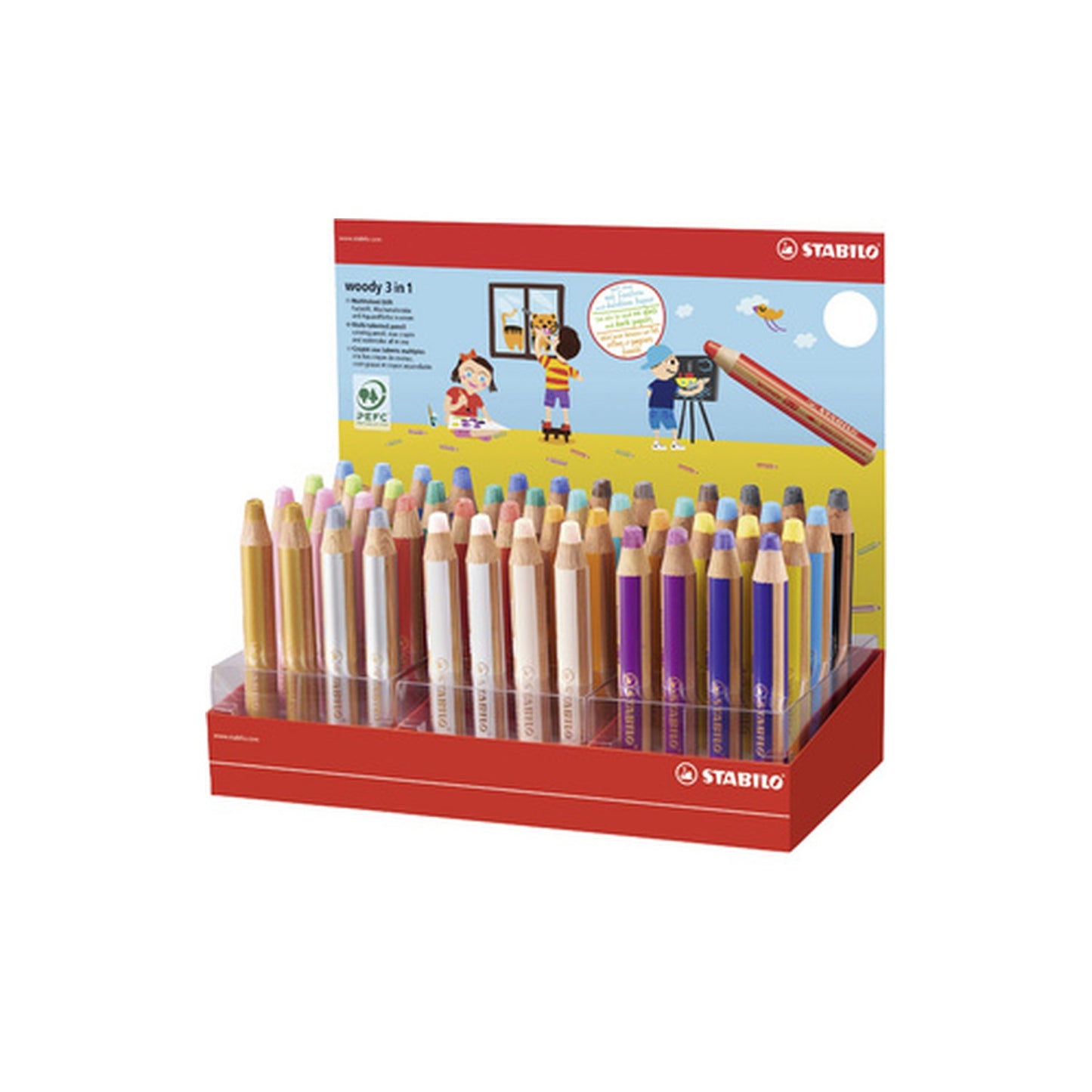 STABILO Crayon multi-talents woody 3 en 1, présentoir de 48