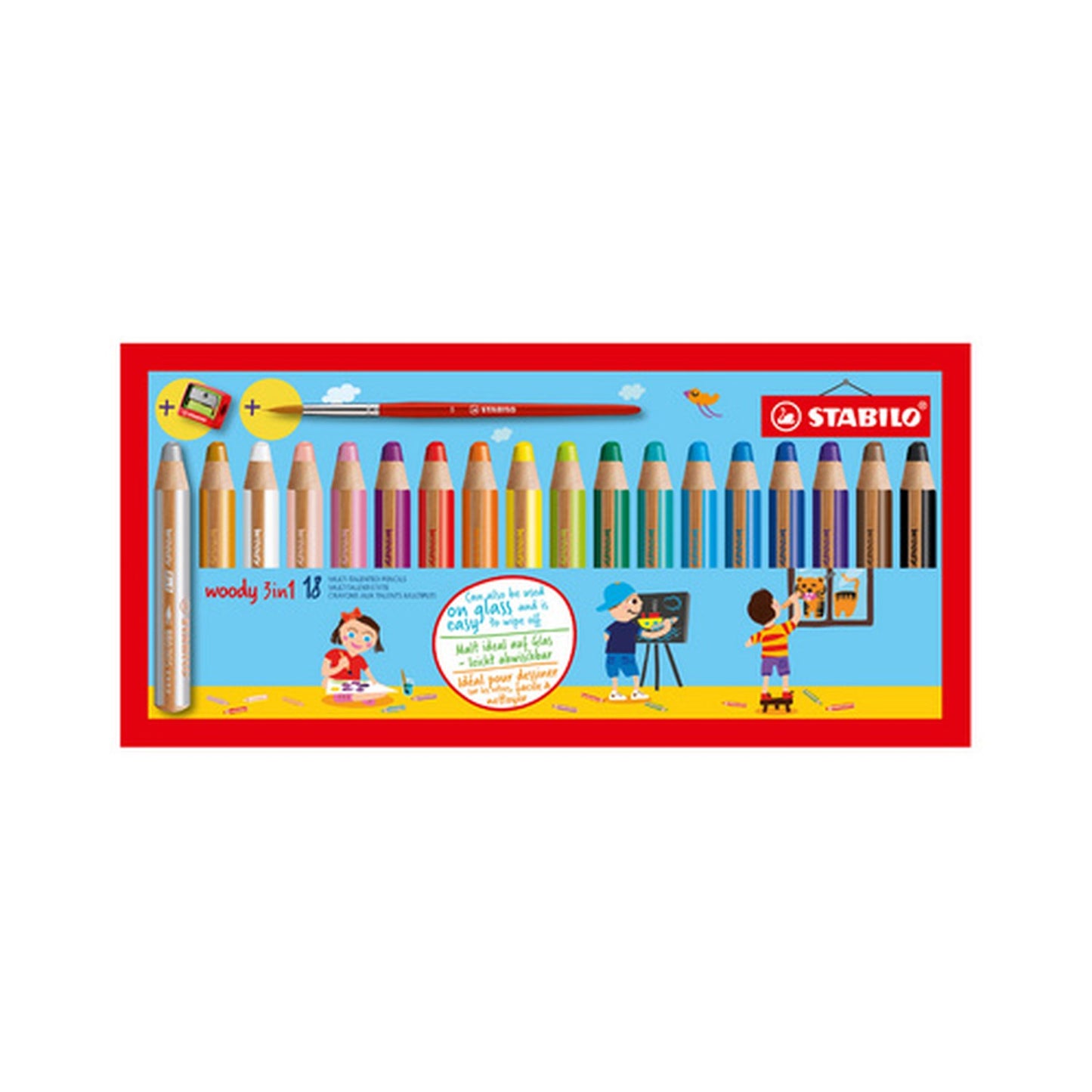STABILO Crayon multi-talents woody 3 en 1, étui carton de 18