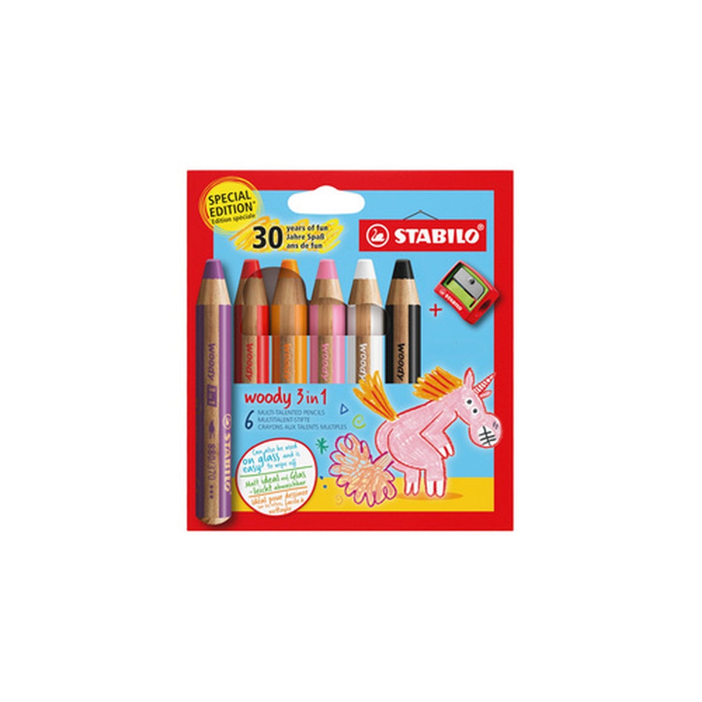 STABILO Crayon multi-talents woody 3 en 1, étui de 6 Licorne