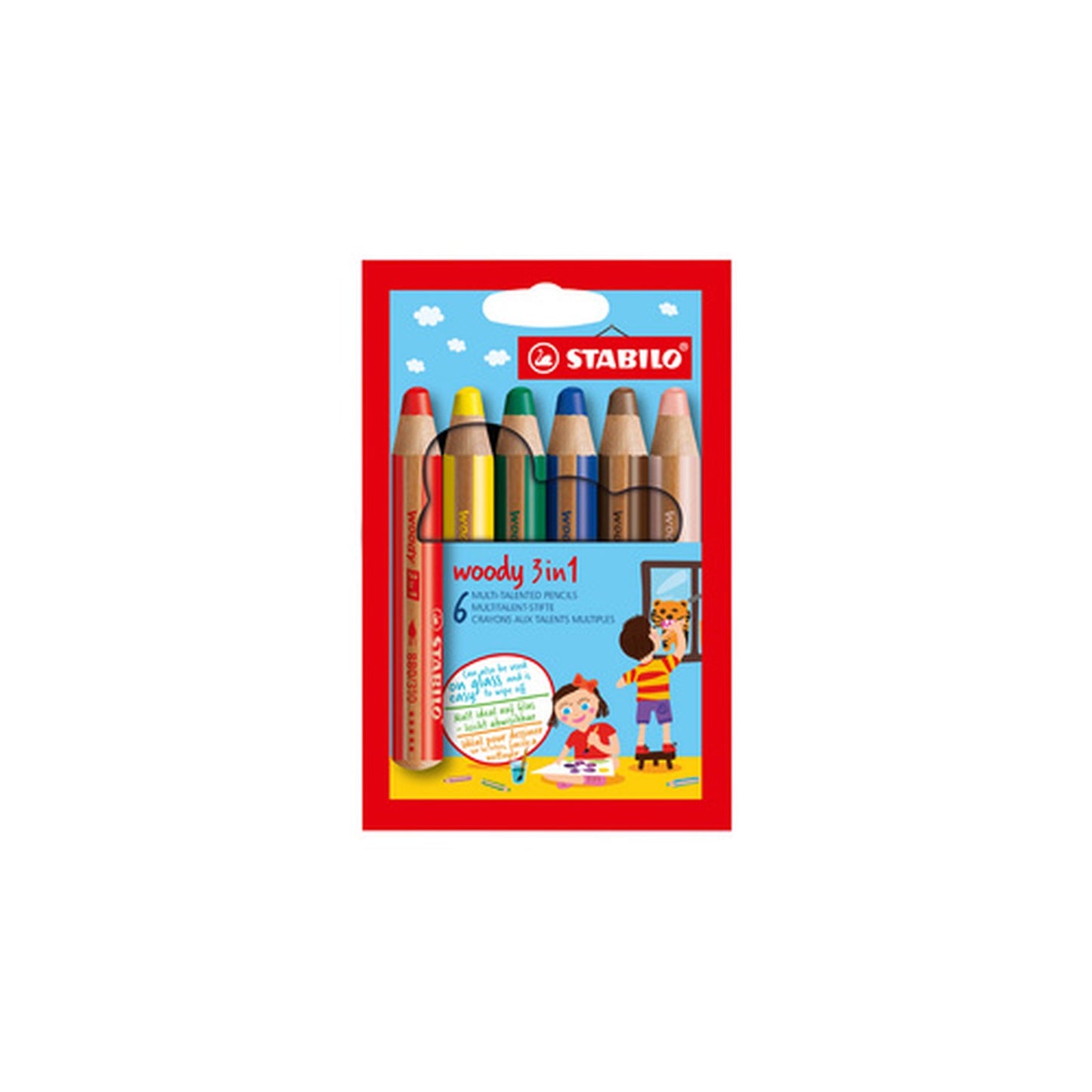 STABILO Crayon multi-talents woody 3 en 1, étui carton de 6