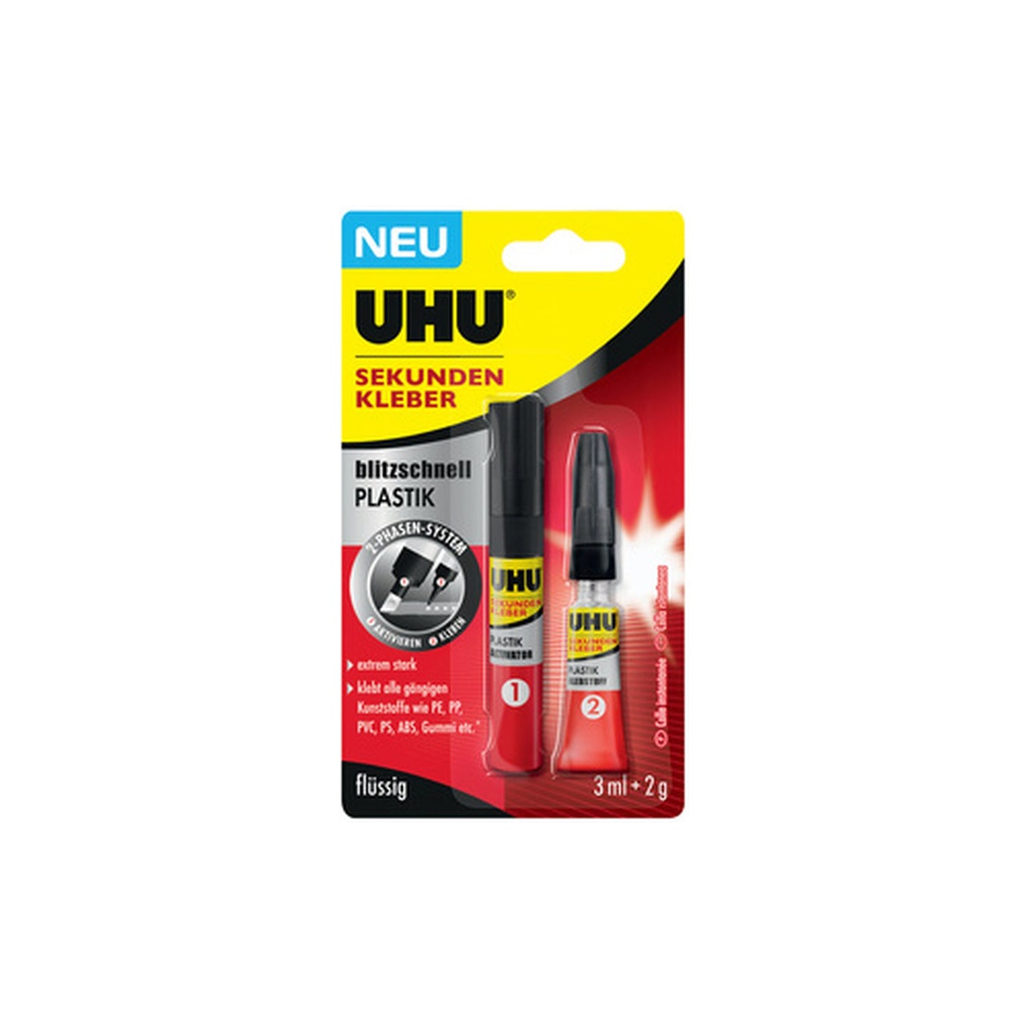 UHU Colle instantanée blitzschnell PLASTIK, 3 ml + 2 g