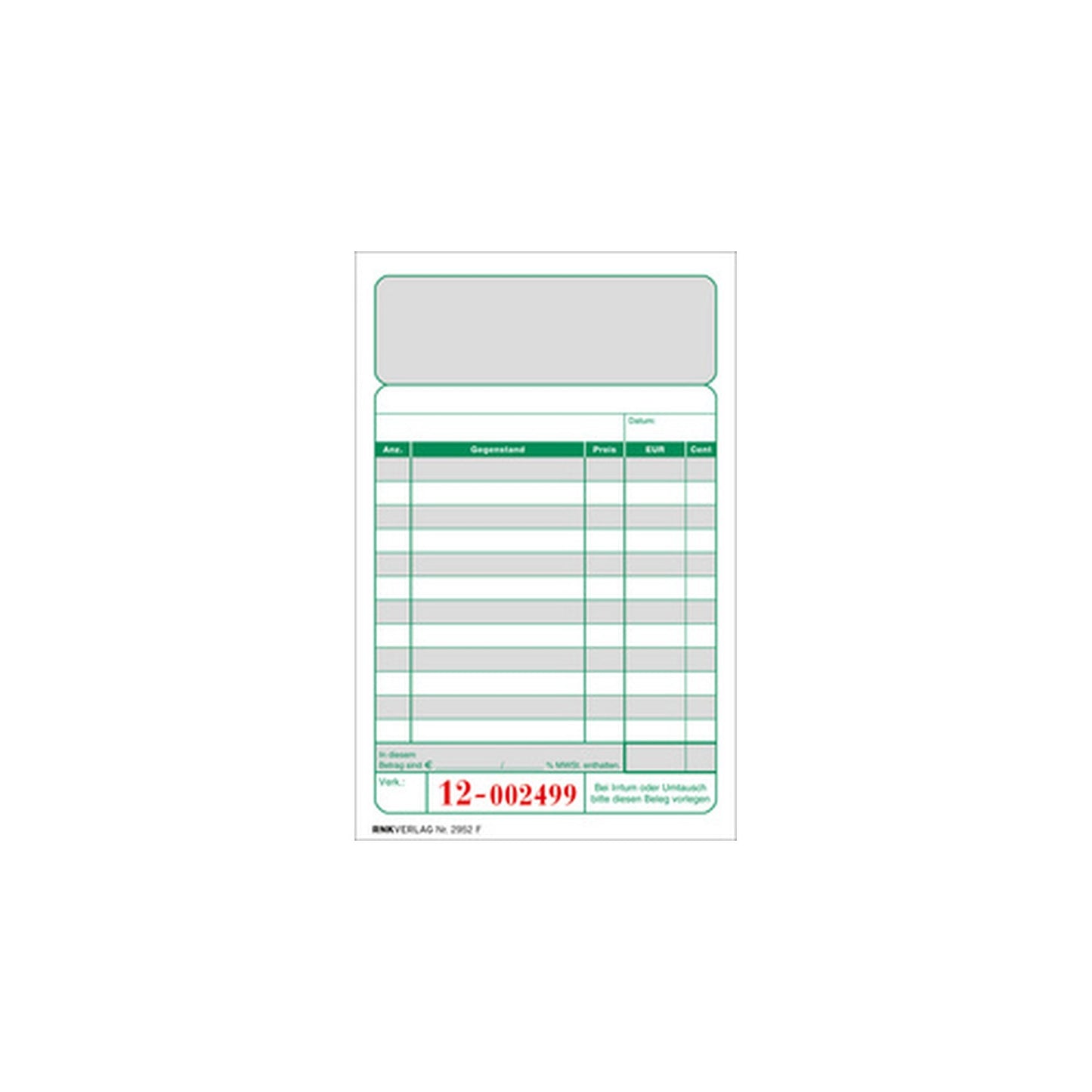 RNK Verlag Kassenblock, 96 x 167 mm, 2 x 50 Blatt
