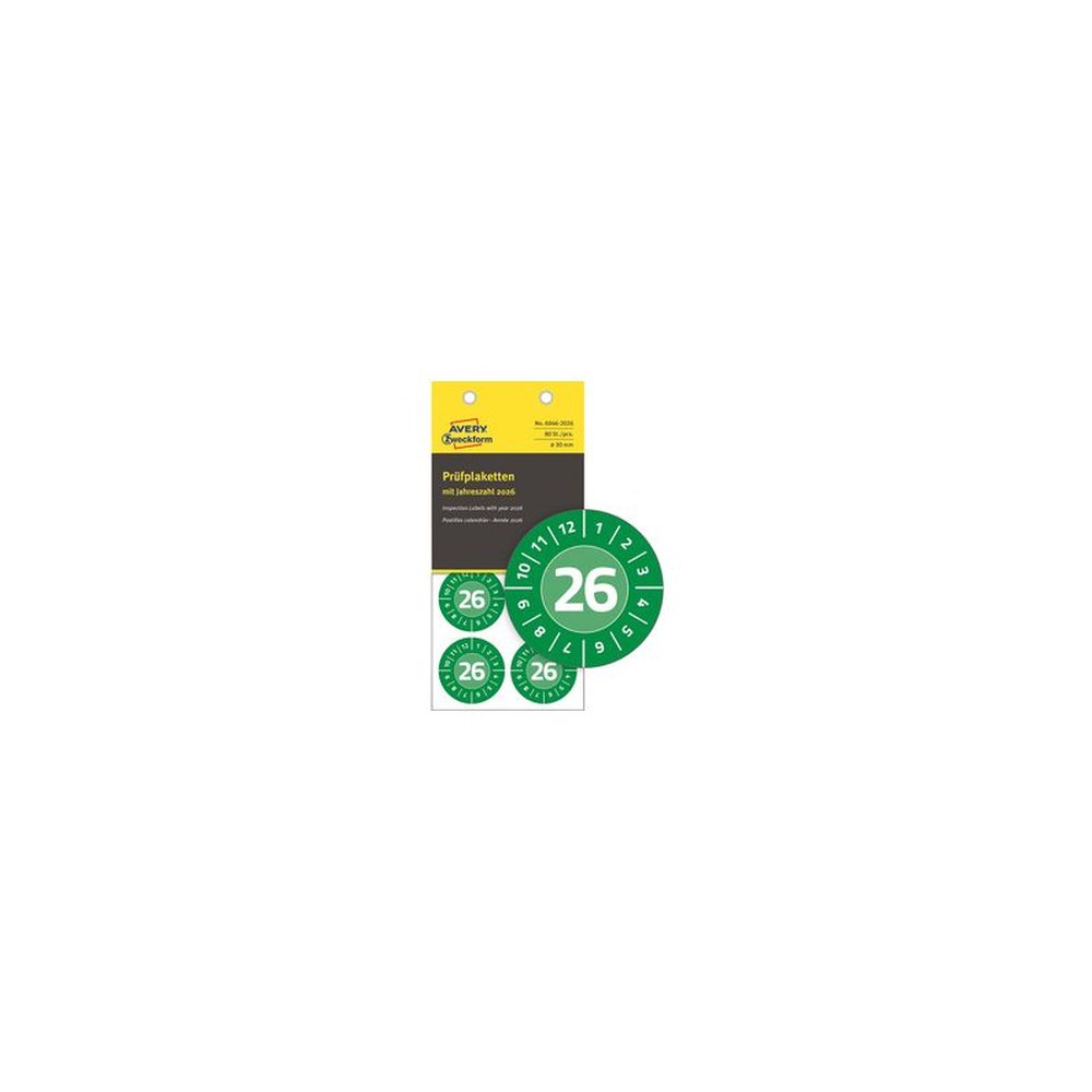 AVERY Zweckform Prüfplaketten, 2026, NoPeel, grün, 20 mm
