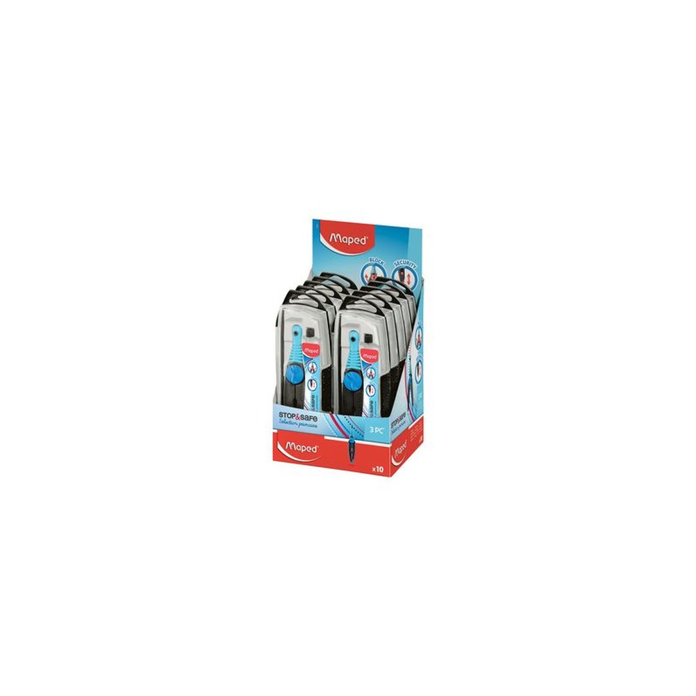 Maped Boîte de compas Stop & Safe, bleu, présentoir de 10 x10