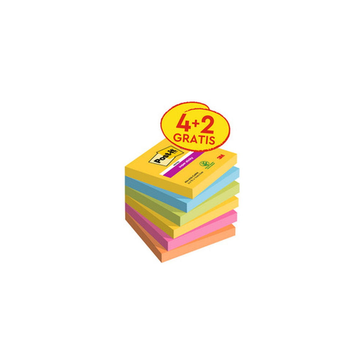 Post-it Bloc-note adhésif Super Sticky Notes, 76x76 mm, 4+2