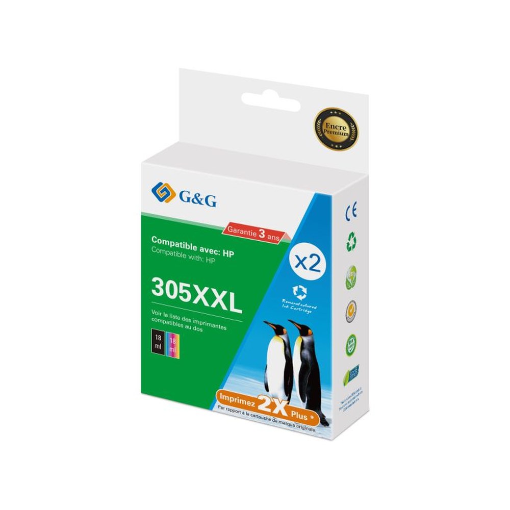 Cartouches compatibles premiums HP 6ZA94AE / 305XXL - multipack 2 couleurs : noire, multicouleur