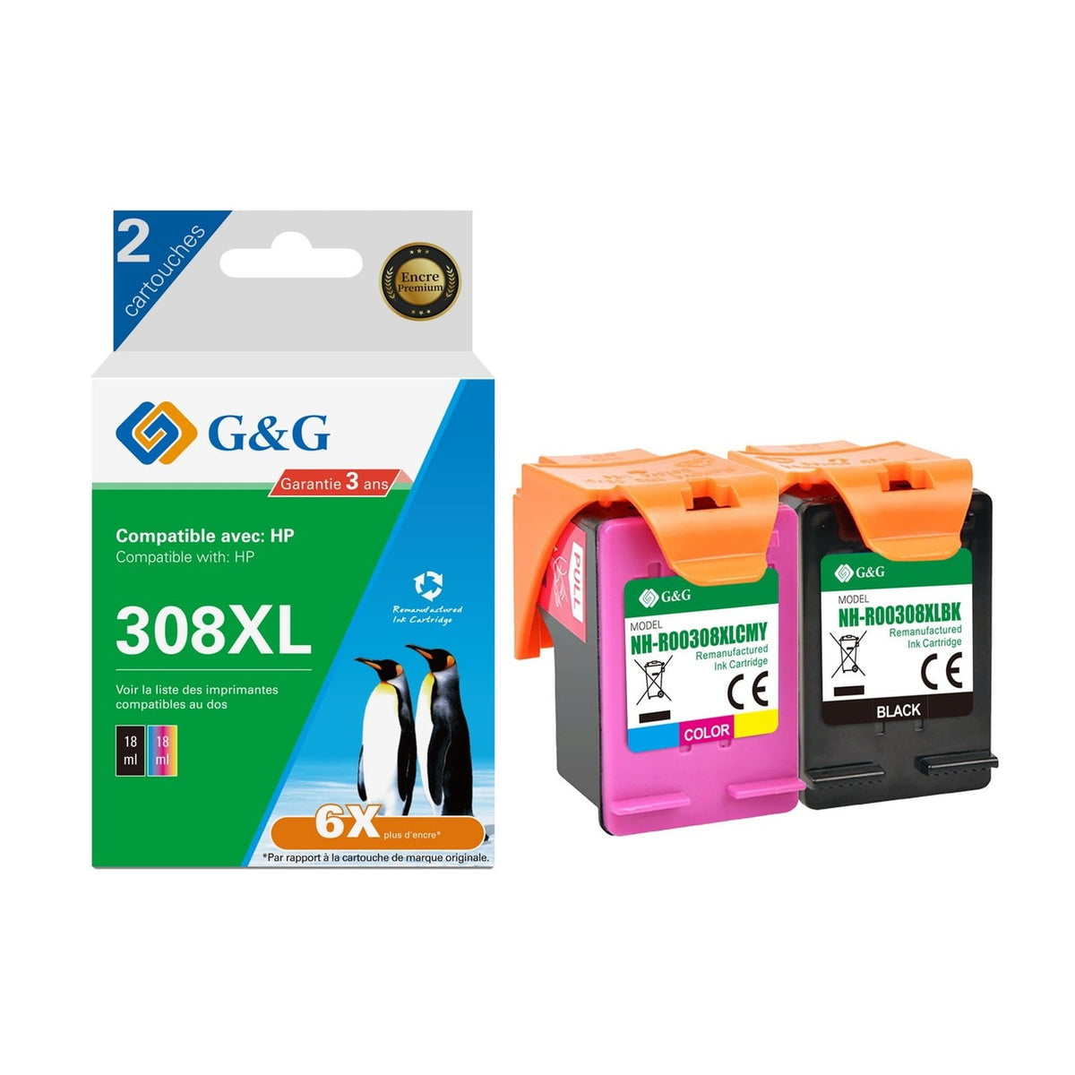 Cartouches compatibles premiums 308XXL - multipack 2 couleurs : noire, multicouleur