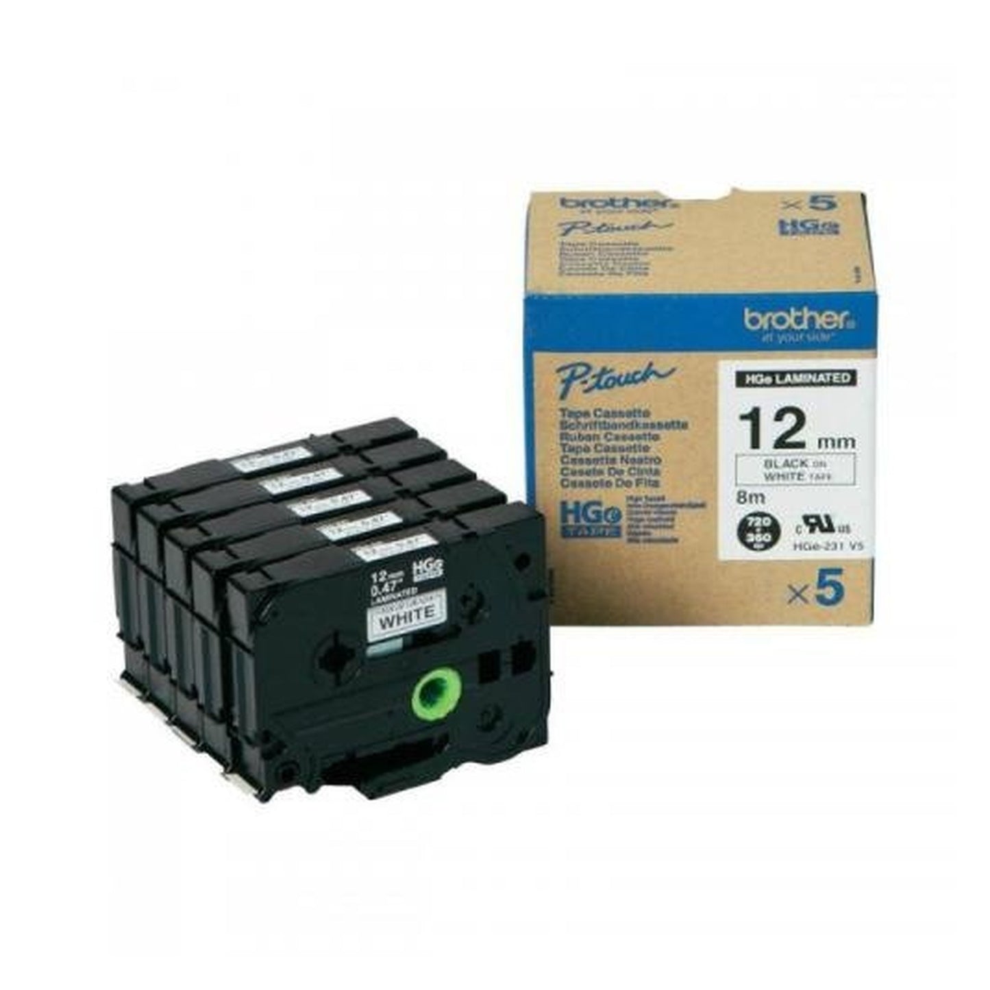 Ruban cassette d'origine Brother HGE231V5 - multipack 5 couleurs : noir, blanc
