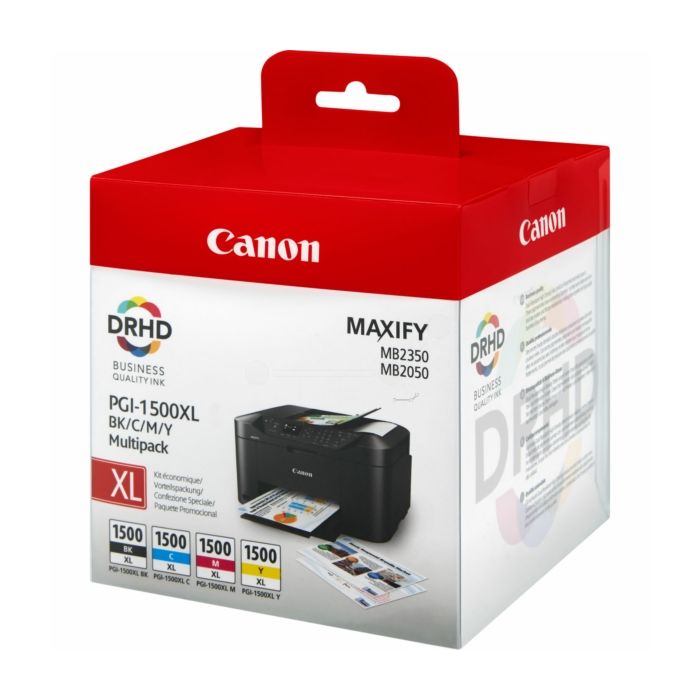 MultiPack Jet d'encre de Marque Canon PGI-1500XLBKCMY (9182B004) Noir + Cyan + Magenta + Jaune (34.7ml - 1 200 pages + 3 x 12ml - 3 x 1 020 pages) (Réservoir XL d'encre DRHD)