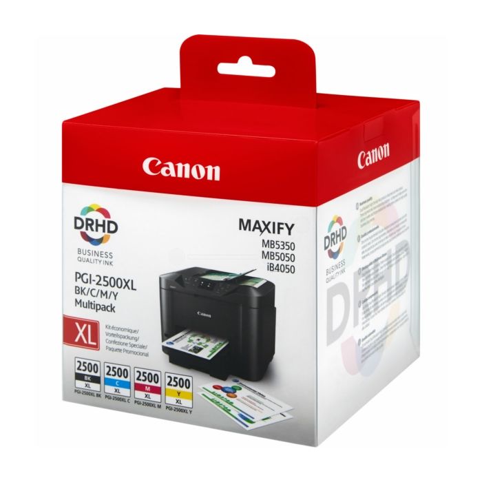 MultiPack 4 Cartouches de Marque Canon PGI-2500XLBKCMY (9254B004) Noir + Cyan + Magenta + Jaune (Réservoir XL d'encre DRHD) (70.9ml - 2 500 pages + 3 x 19.3ml - 3 x 1 755 pages)