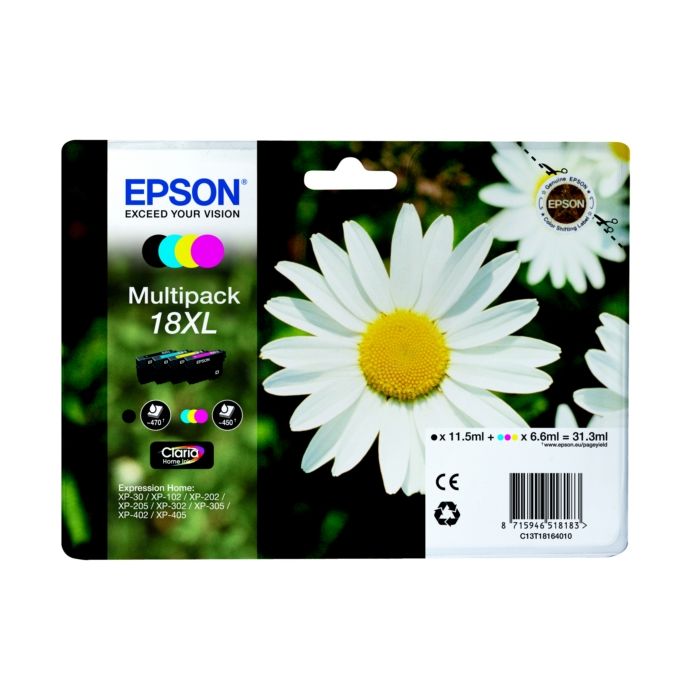 Pack de 4 Cartouches Jet d'encre de Marque Epson T18164BKCMY Home Série 18XL Black, Cyan, Magenta, Jaune (11,5ml+3x6,6ml/1820pages) (Serie Paquerette)