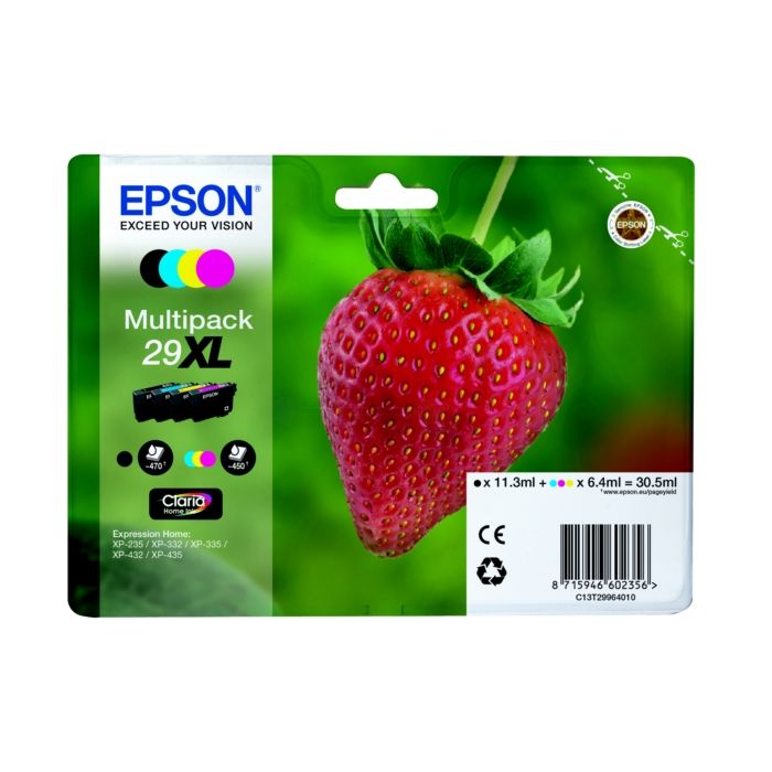 Lot de 4 Cartouches Jet d'encre de Marque Epson T2996BKCMY Serie Fraise (29XL) (T2991 + T2992 + T2993 + T2994) 1 Black + 1 Cyan + 1 Magenta + 1 Jaune) (1820pages)