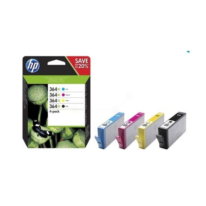 Pack de 4 Cartouches d'encre de Marque HP (HP364XL) N9J74AE (1 Noir + 1 Cyan + 1 Magenta + 1 Jaune) (18 ml (Noir), 6 ml (Cyan, Magenta et Jaune)