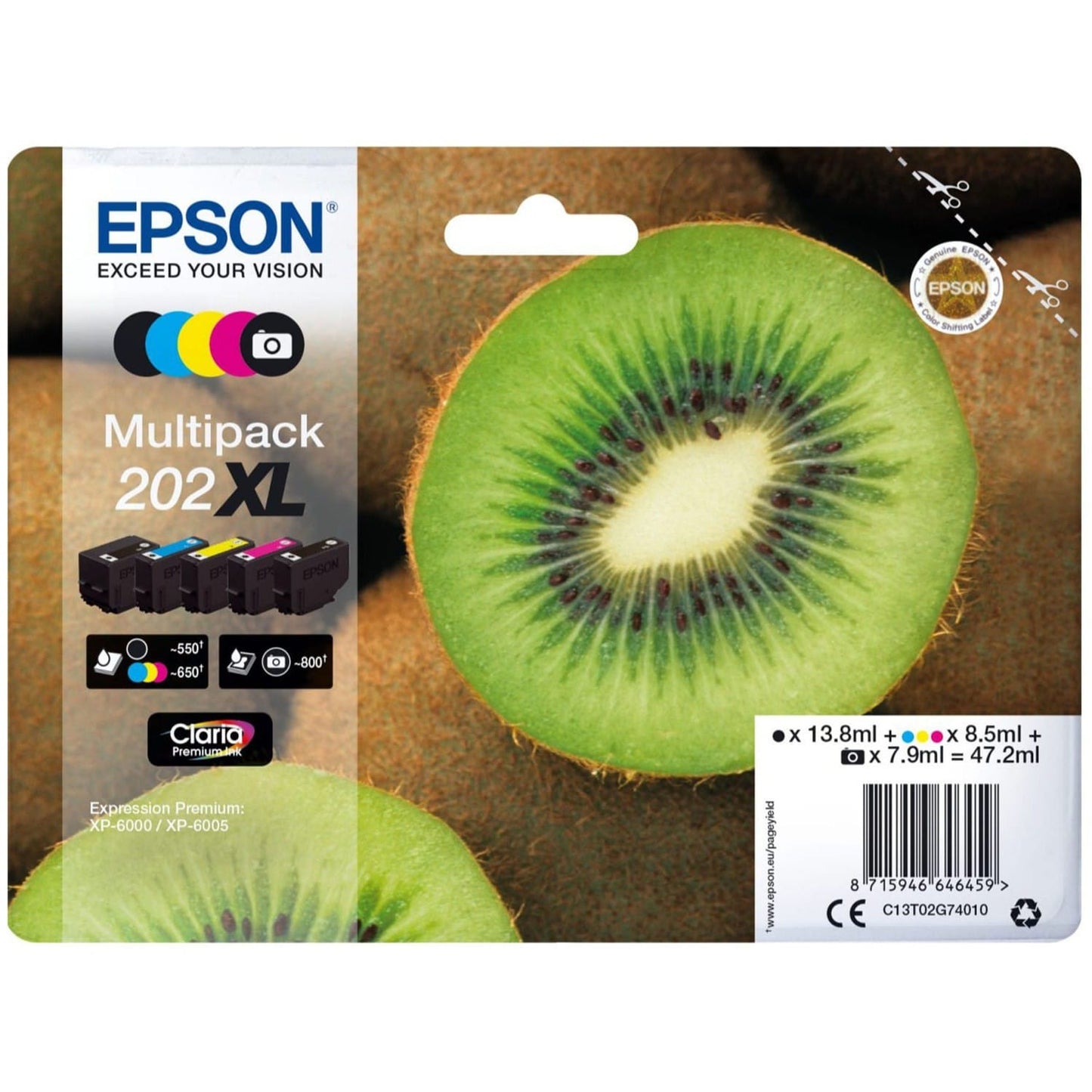 MULTIPACK : Lot de 5 Cartouches d'encre de Marque Epson T02G74 (Série kiwi) (1 Noire + 1 Cyan + 1 Magenta + 1 Jaune + photo Noire) (47.2ml) Haute Capacité pour Epson EXPRESSION PREMIUM XP 6000