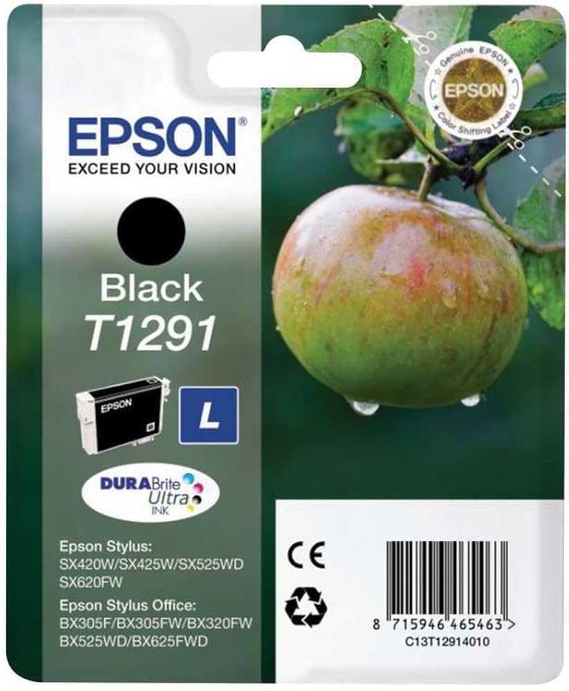Cartouche Jet d'encre de Marque Epson T1291 Black DURABRITE Ultra Taille L (11,2ml/380pages) (Serie Pomme) (380 pages)