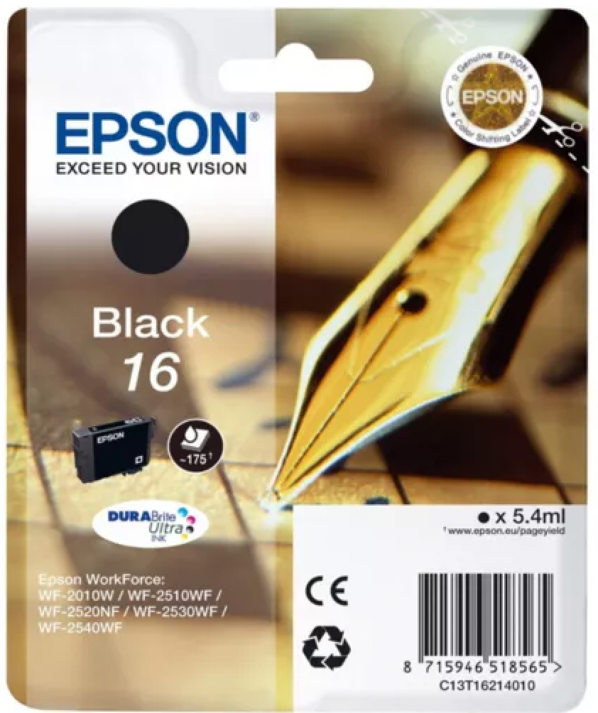 Cartouche Jet d'encre de Marque Epson T1621 Black N°16 (Single Pack Black) (DURABRITE Ultra Ink)(5.4ml/175pages)