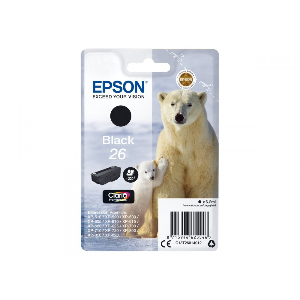 Cartouche Jet d'encre de Marque Epson T2601 Black N°26 (Single Pack) ( Premium Ink)(6.2ml/220pages)