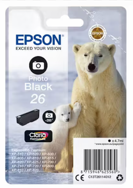 Cartouche Jet d'encre de Marque Epson T2611 Photo Black N°26 (Single Pack) Photo Black ( Premium Ink)(4.7ml/200pages)