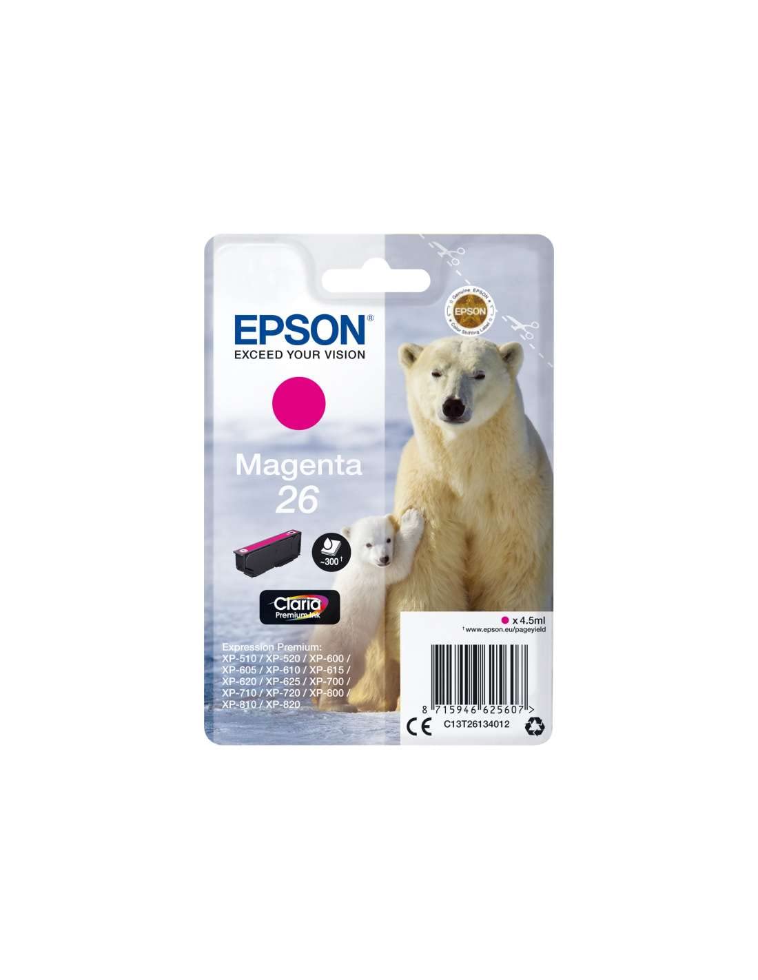 Cartouche Jet d'encre de Marque Epson T2613 Magenta N°26 (Single Pack ) ( Premium Ink)(4.5ml/300pages)
