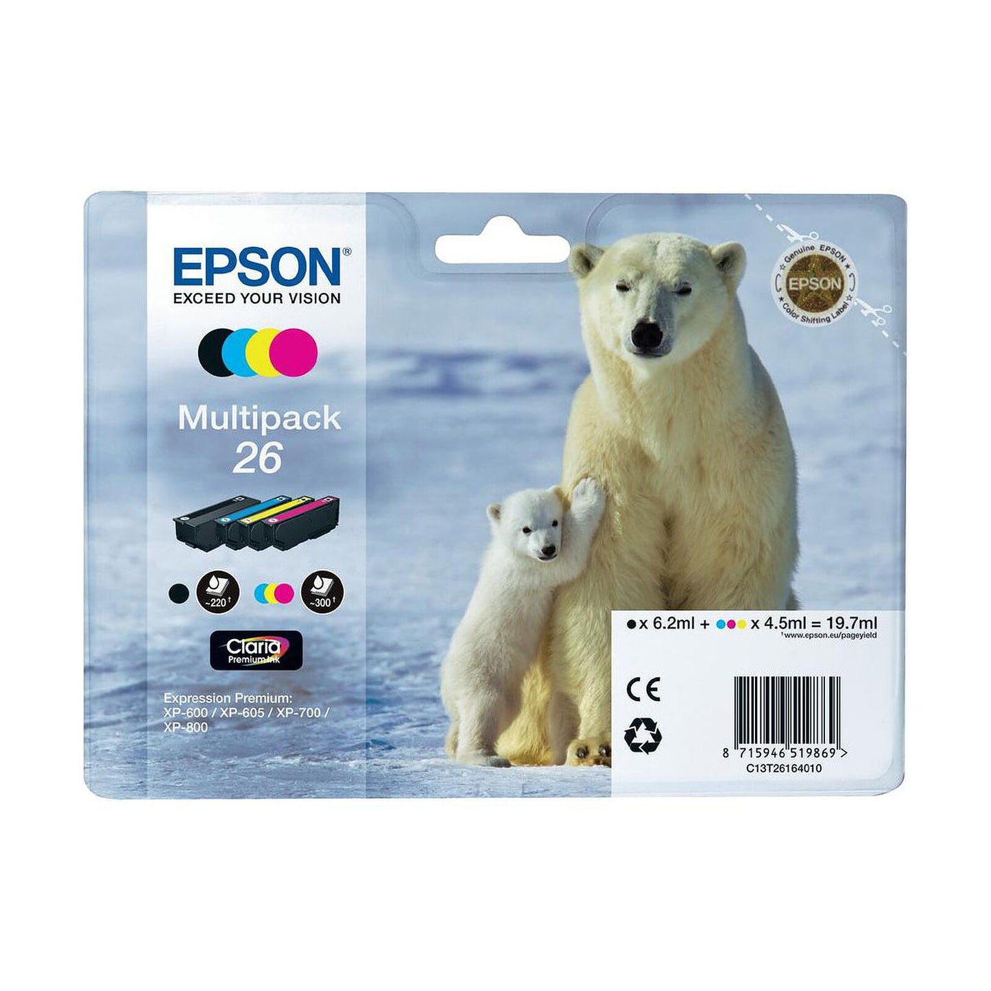 LOT Cartouche Jet d'encre de Marque Epson T2616 (Black/Cyan/Magenta/Jaune) N°26 series (MultiPack) ( Premium Ink)(19.7ml)