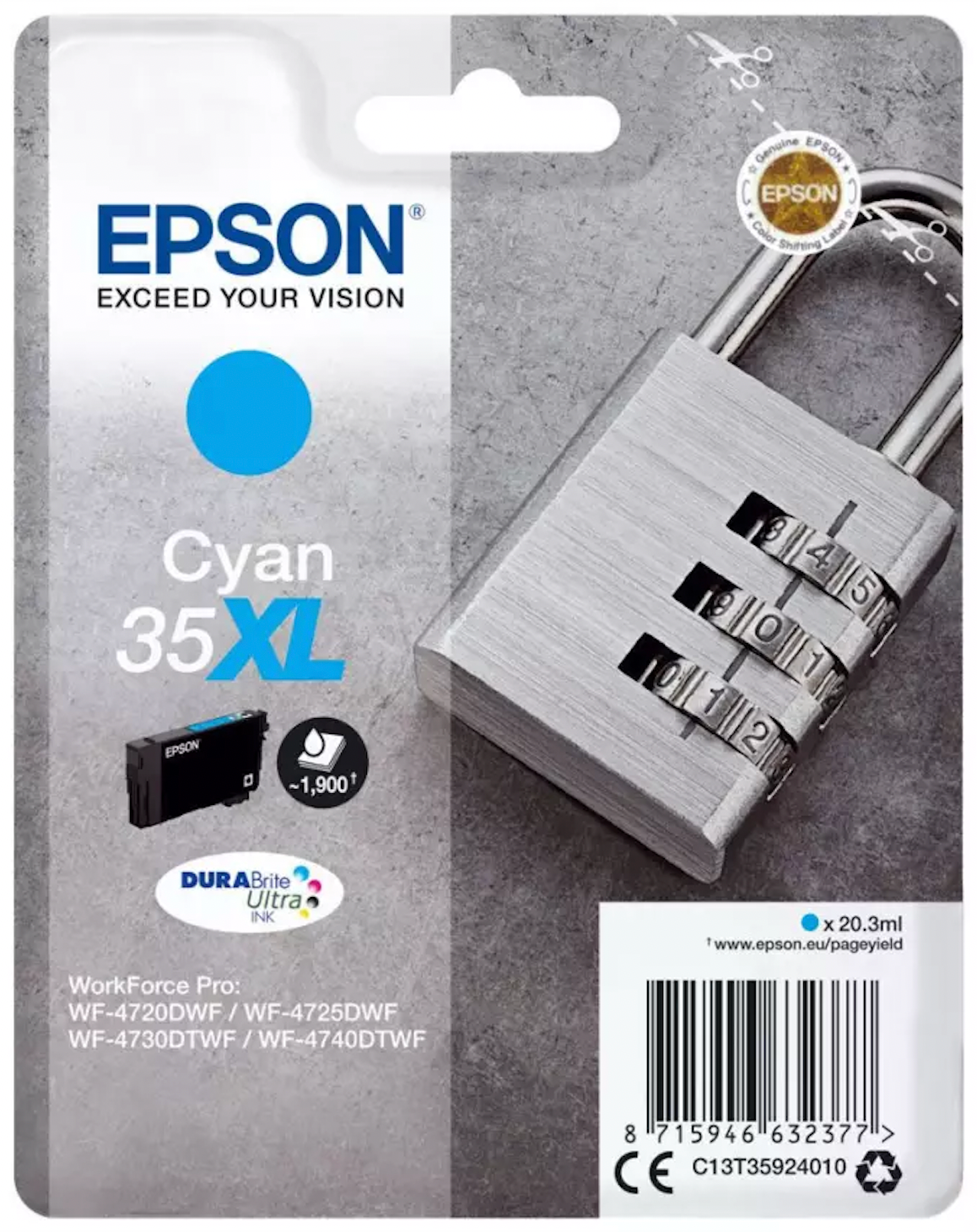 Cartouche d'encre de Marque Epson T3592 Cyan (35XL) Durabrite Ultra (20.3ml - 1 900 pages) (Serie cadenas)