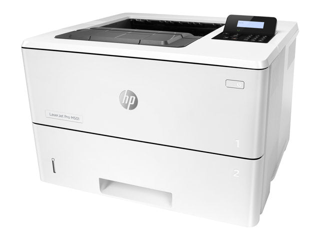 Imprimante HP Pro M501dn de groupe de travail laser monochrome A4, recto-verso, resolution 4800 x 600 ppp, vitesse 43 ppm, ecran LCD, capacite totale 650 feuilles, niveau sonore 54 Dba, interfaces USB 2.0, Gigabit LAN, poids 11.6 kg