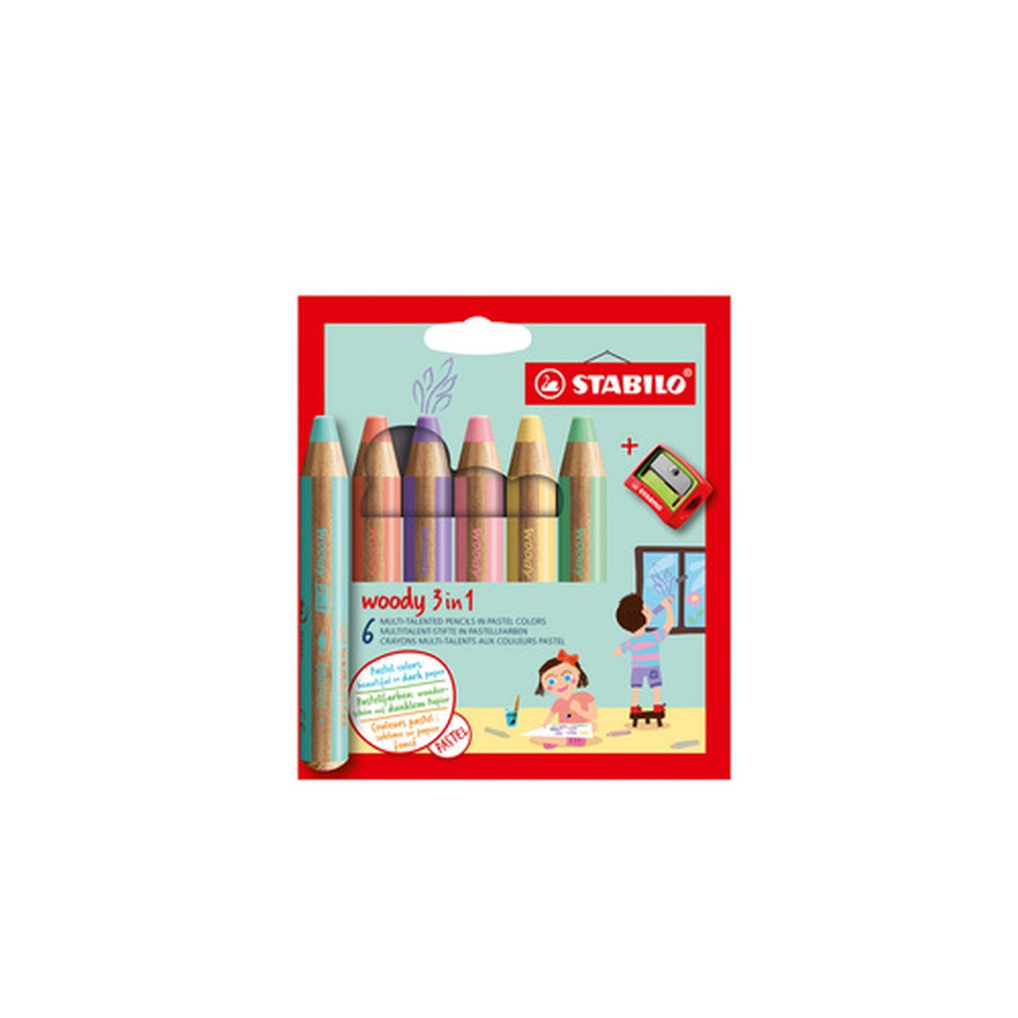 STABILO Crayon multi-talents woody 3 en 1, étui de 6 Pastel