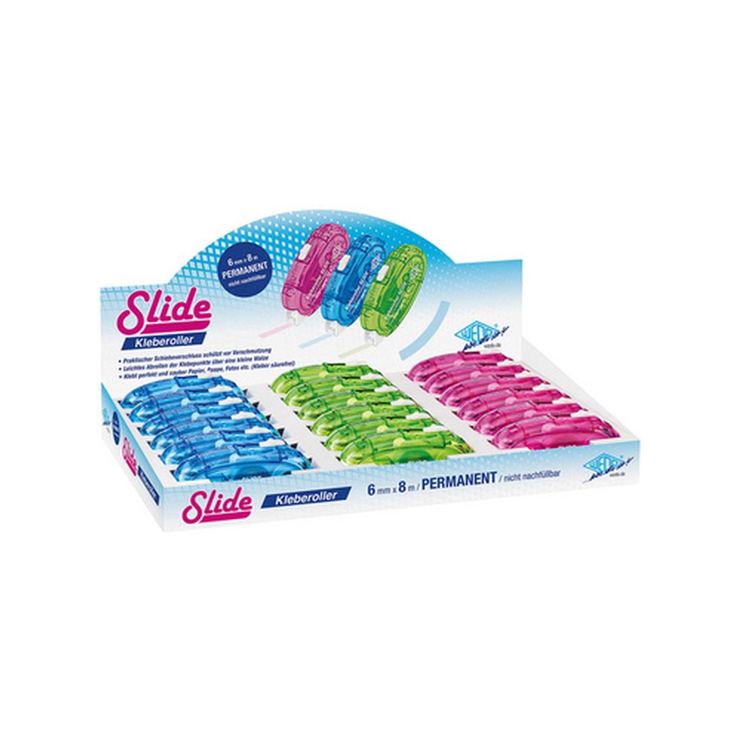 WEDO Roller de colle SLIDE, 6 mm x 8 m, présentoir de 18 x18