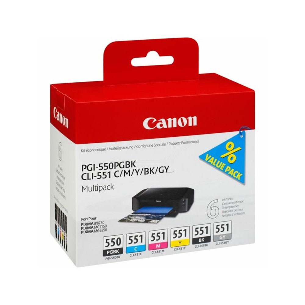 Cartouches d'origines Canon 6496B005 / PGI-550/CLI-551 - multipack 6 couleurs : noire, cyan, magenta, jaune, grise
