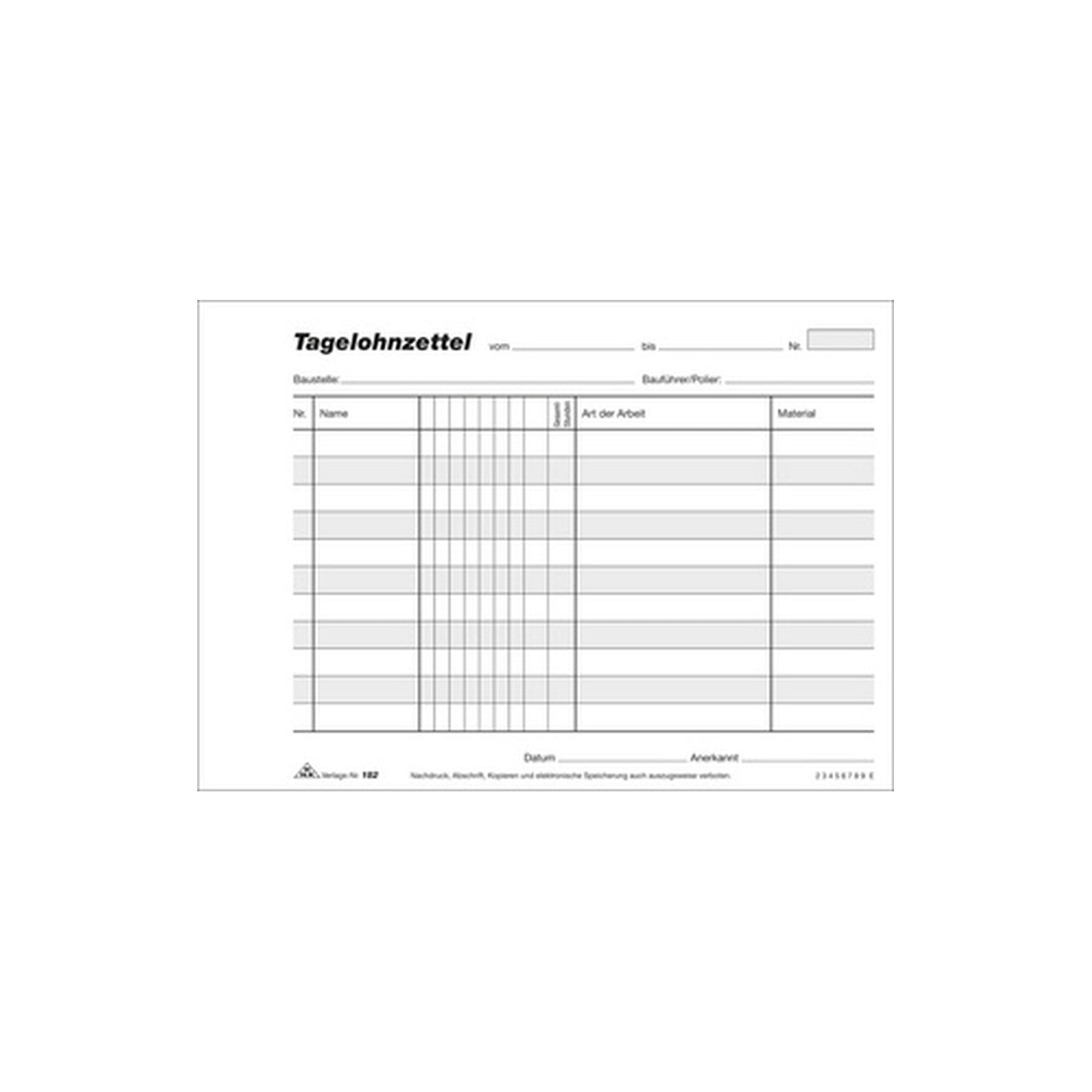 RNK Verlag Vordruck "Tagelohnzettel", Block, SD, DIN A5 quer