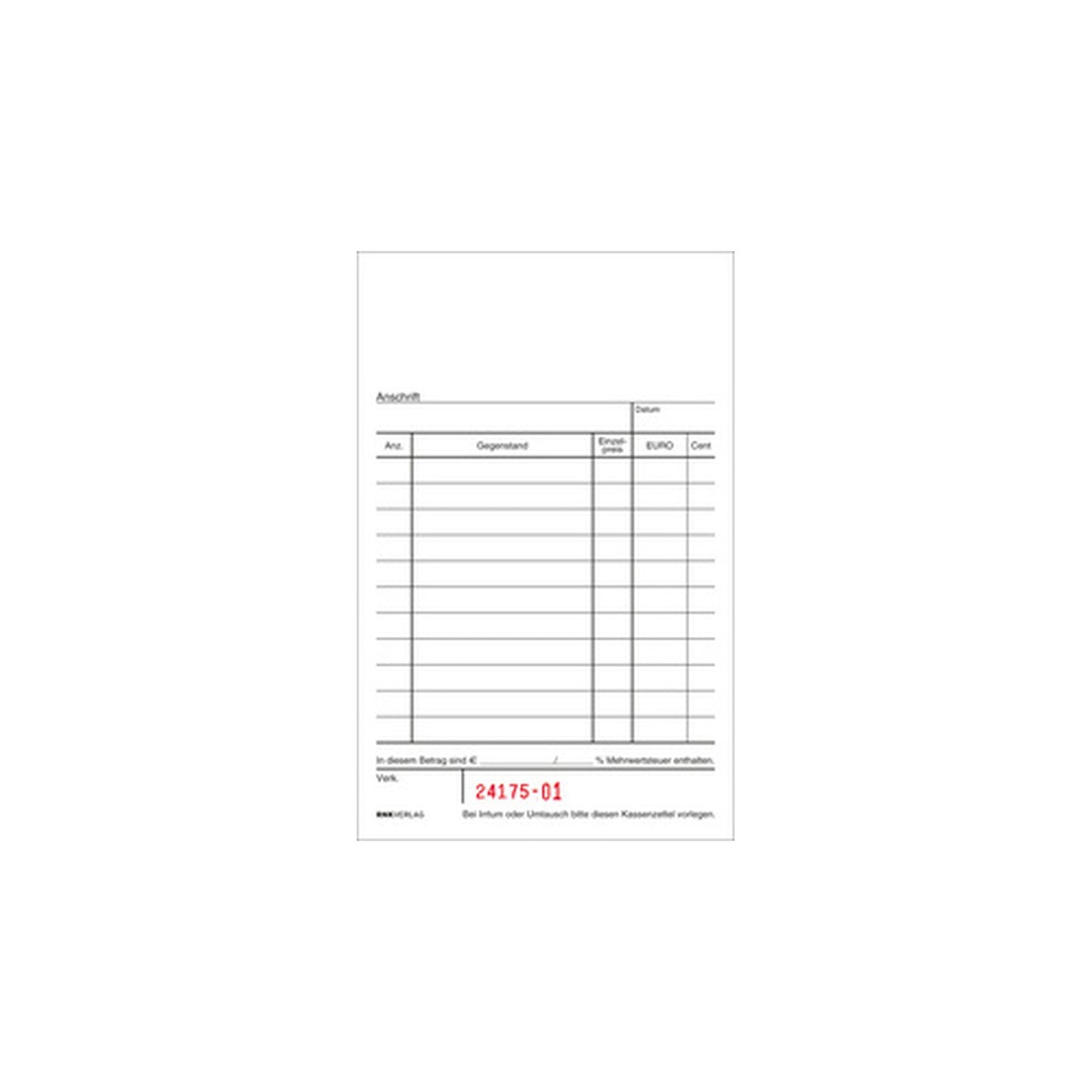 RNK Verlag Kassenblock, 96 x 167 mm, 2 x 50 Blatt