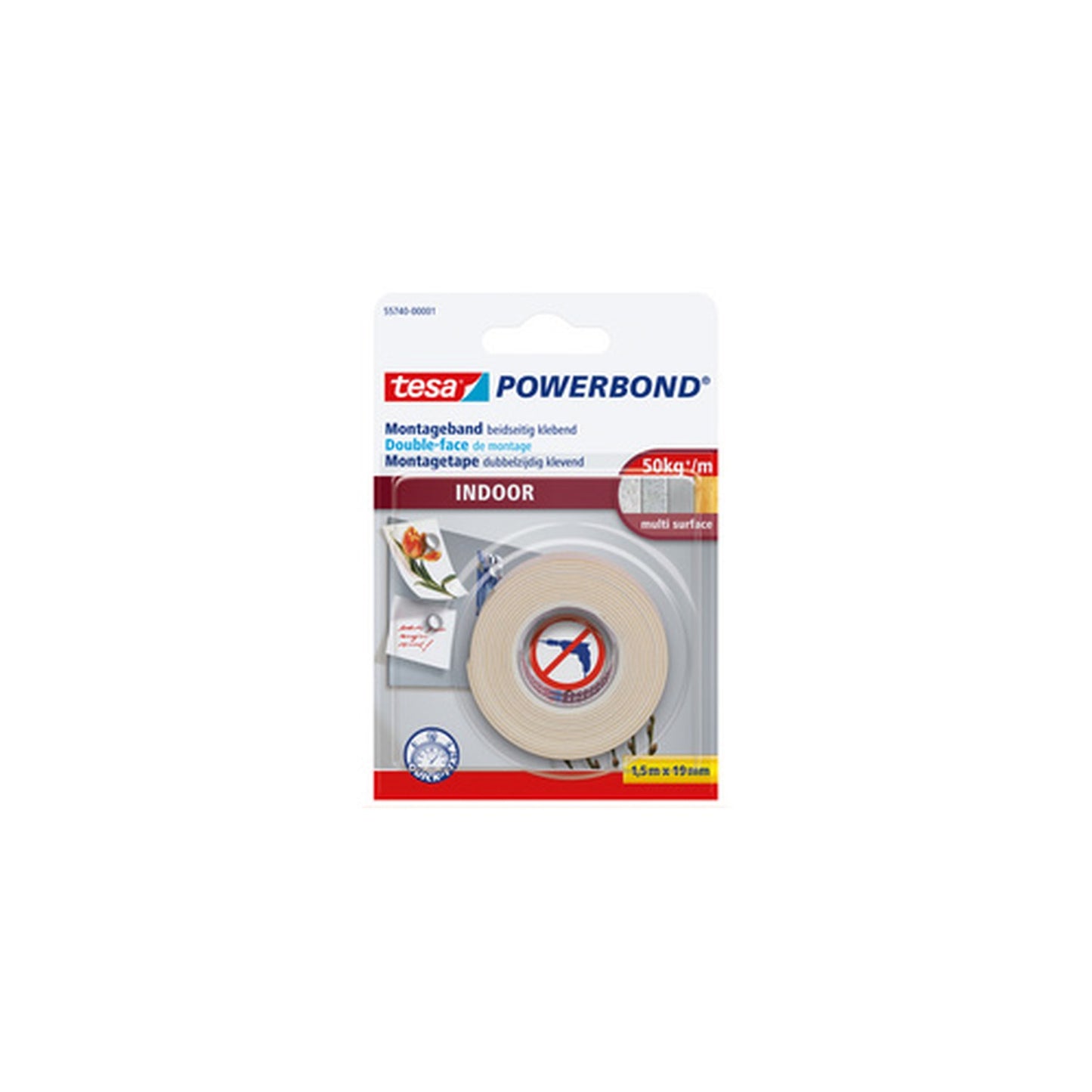 tesa Powerband Adhésif de montage INDOOR, 19 mm x 1,5 m