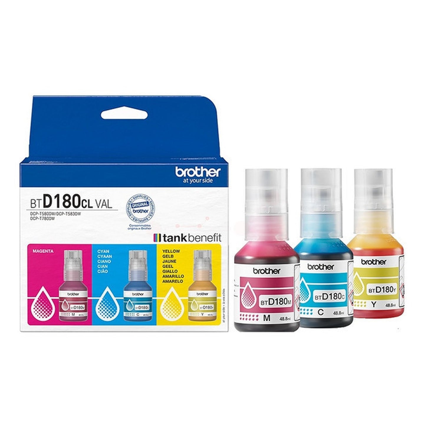 Bouteille d'encre d'origine Brother BTD180CLVAL - multipack 3 couleurs : cyan, magenta, jaune