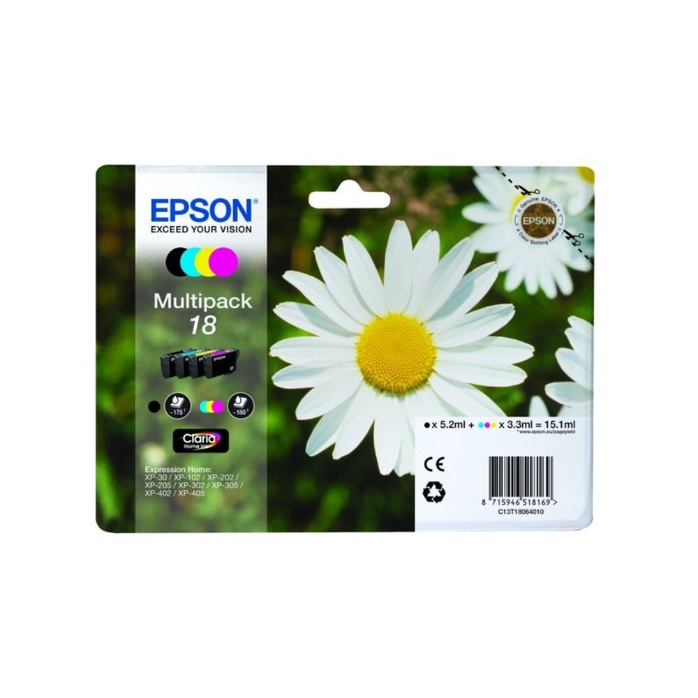 Cartouches d'origines Epson C13T18064010 / 18 - multipack 4 couleurs : noire, cyan, magenta, jaune