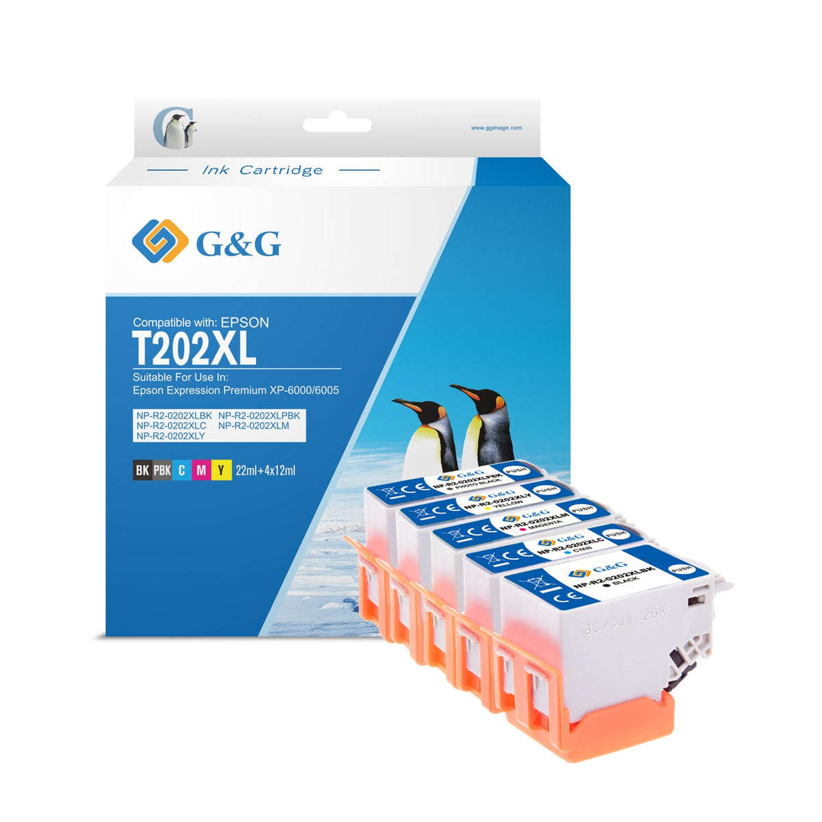 Cartouches compatibles premiums Epson C13T02G74010 / 202XL - multipack 5 couleurs : noire, cyan, magenta, jaune