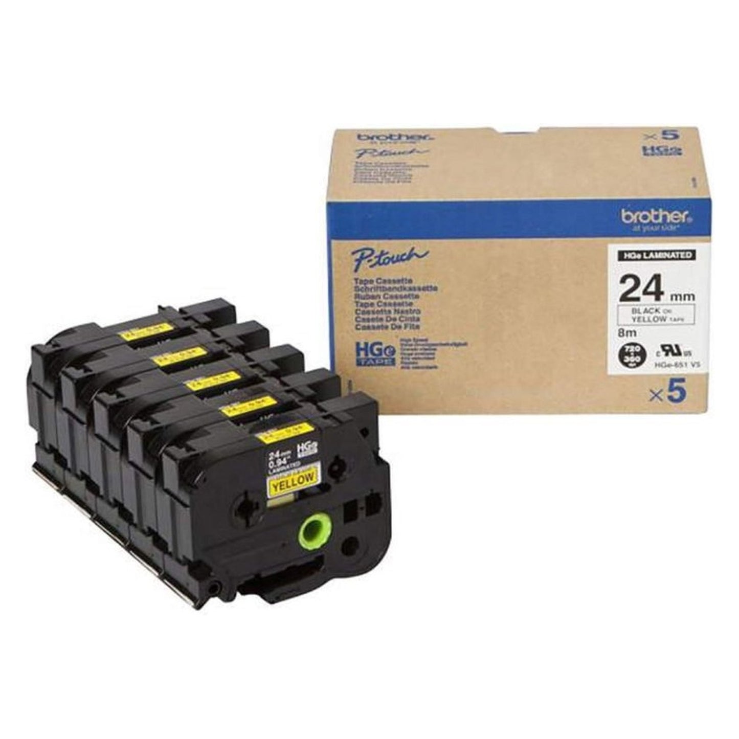 Ruban cassette d'origine Brother HGE651V5 - multipack 5 couleurs : noir, jaune