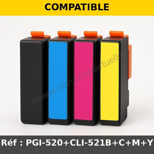 LOT 5 Cartouches Jet d'encre Compatible Canon CLI521 BLACK / CMY + PGI520BLACK (photo, Cyan, Magenta, Yellow, Noir) (3180pages)