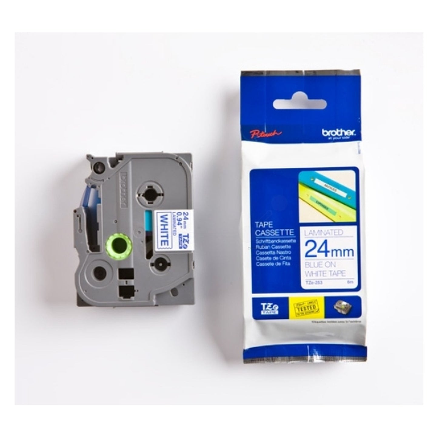 Ruban cassette d'origine Brother TZE253 - bleu, blanc
