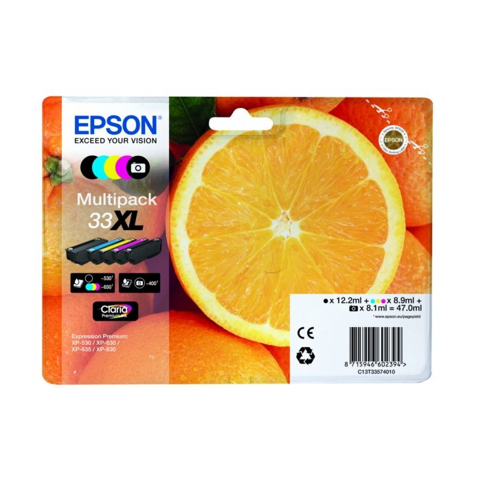 Lot de 5 Cartouches d'encre de Marque Epson T3357BKCMY  (33XL) (T3351 + T3361 + T3362 + T3363 + T3364) 1 Black + 1 Cyan + 1 Magenta + 1 Jaune + 1 Photo Black Serie Orange Haute (2950pages)