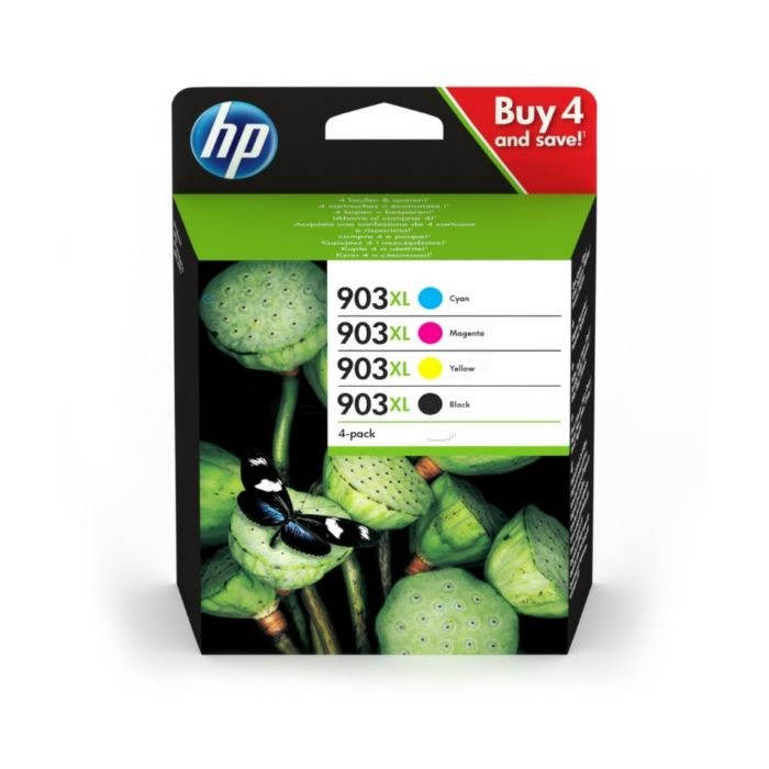 LOT de 4 Cartouches Jet d'encre de Marque HP 3HZ51AE N°903XL (1 Noir + 1 Cyan + 1 Magenta + 1 Jaune) Haute Capacité 6800 copies