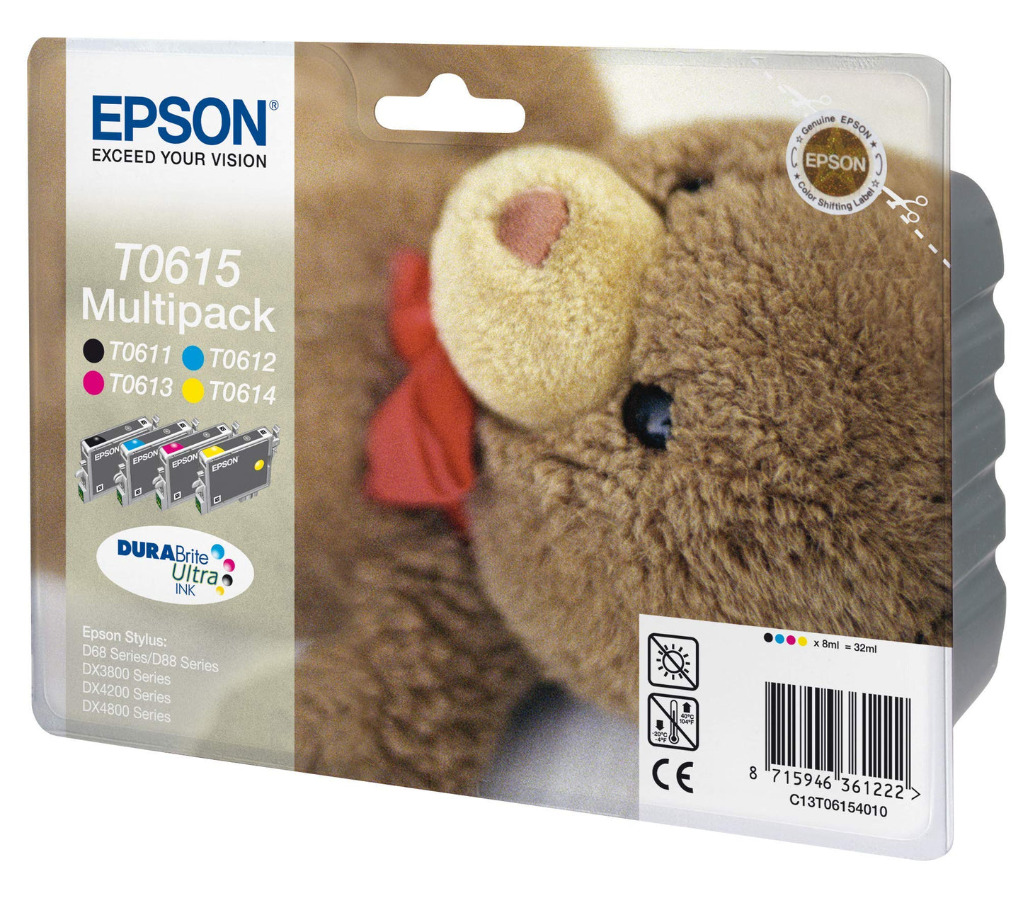Pack de 4 Cartouches Jet d'encre de Marque Epson T0615BKCMY  1Black+1Cyan+1Jaune+1Magenta (1000pages)