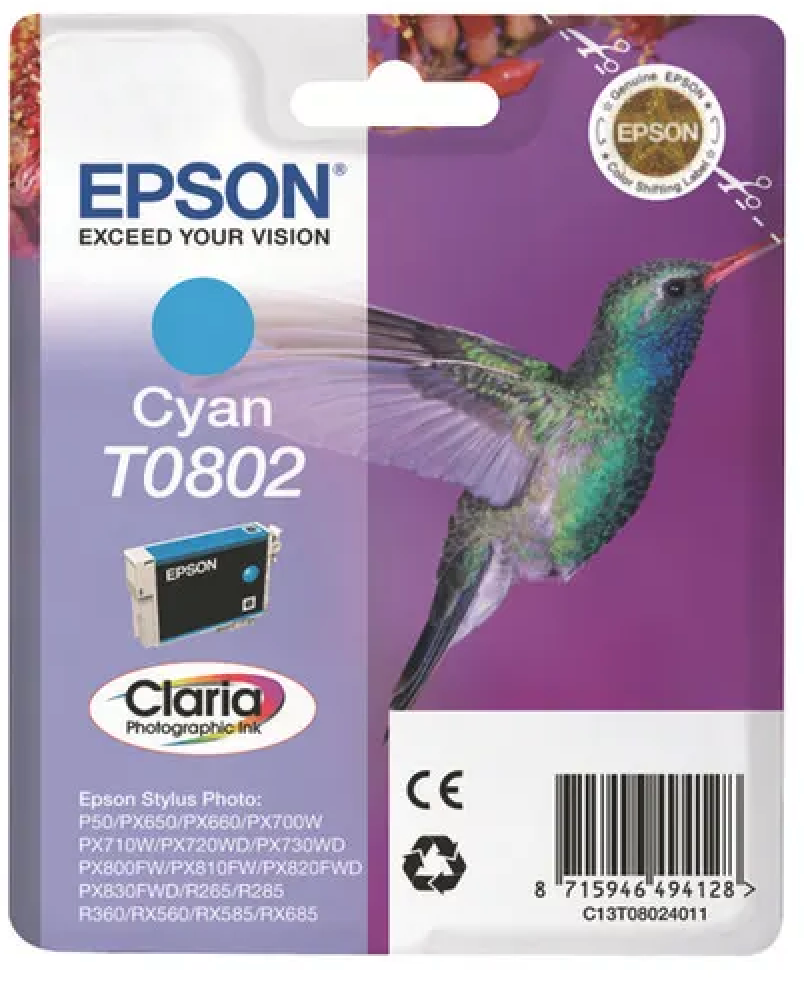 Cartouche Jet d'encre de Marque Epson T0802 Cyan (Claria) (435 pages)