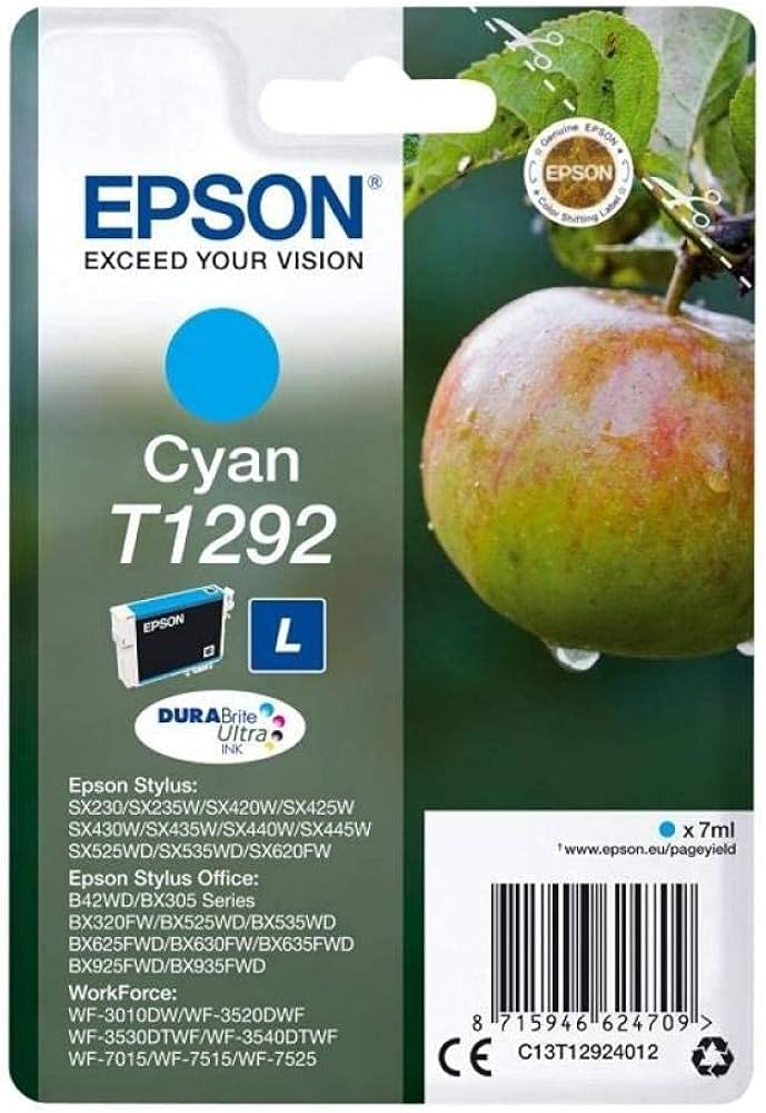 Cartouche Jet d'encre de Marque Epson T1292 Cyan DURABRITE Ultra Taille L (7ml/460pages) (Serie Pomme)