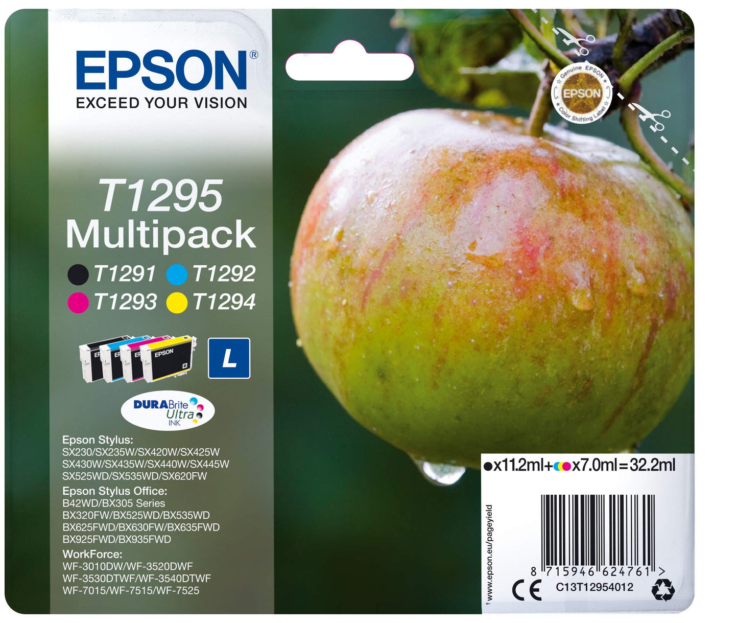 Pack de 4 Cartouches Jet d'encre de Marque Epson T1295BKCMY 1685p 4 couleurs DURABRITE Ultra Taille L