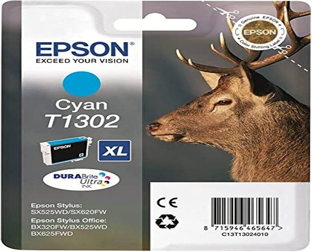 Cartouche Jet d'encre de Marque Epson T1302 Cyan DURABRITE Ultra Taille XL (10,1ml/765pages) (Serie Cerf)