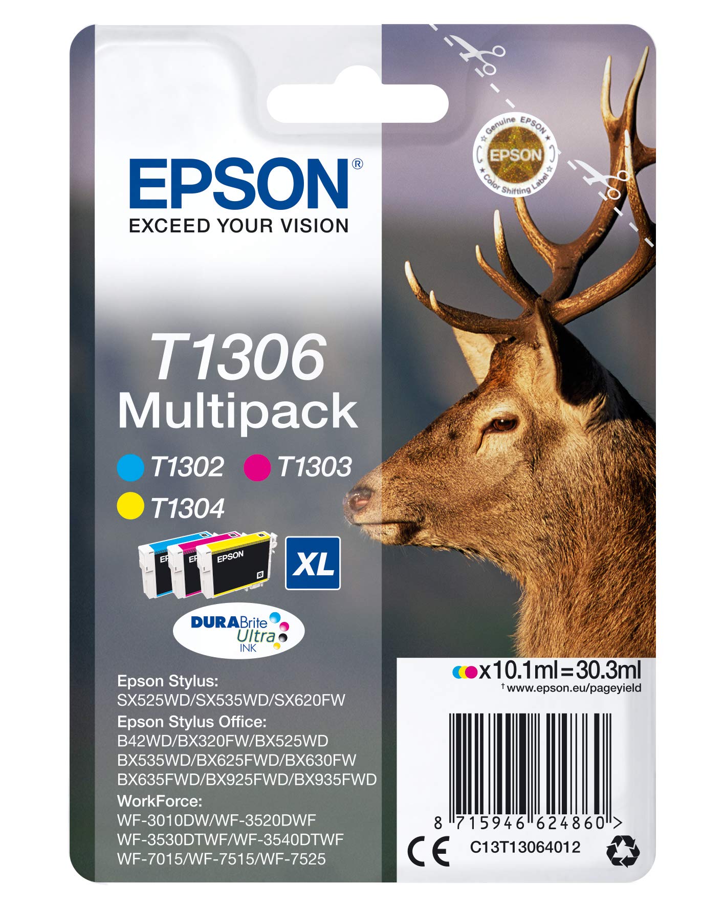 Pack de 3 Cartouches Jet d'encre de Marque Epson T1306CMY 3 couleurs (C/M/Y) DURABRITE Ultra Taille XL (3x10,1ml/2270pages)