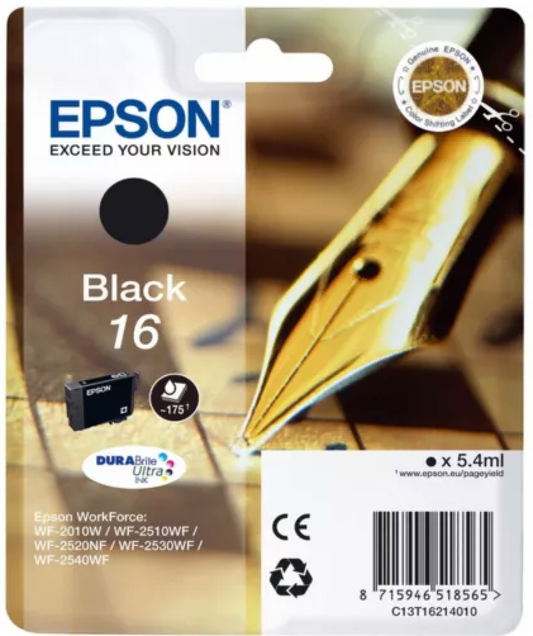 Cartouche Jet d'encre de Marque Epson T1621 Black N°16 (Single Pack Black) (DURABRITE Ultra Ink)(5.4ml/175pages)